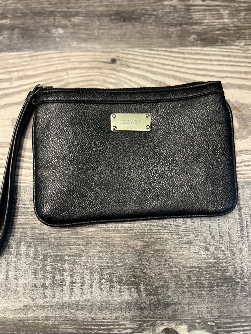 Nine West Black Leather Wristlet Clutch with Logo Plate
